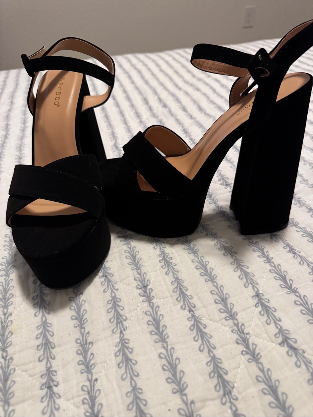 BAMBOO Black Suede Platform Block Heel Sandals